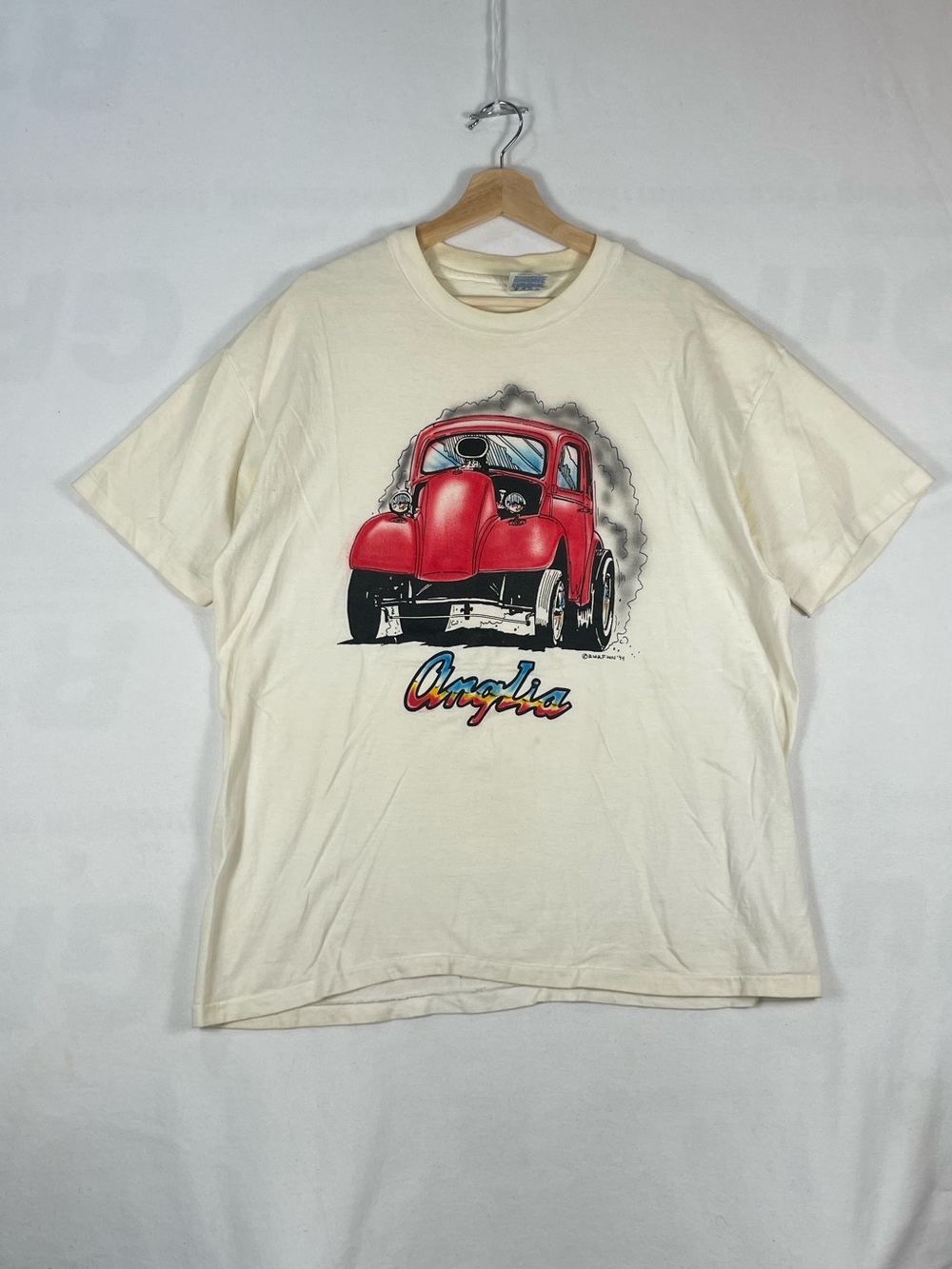 Vtg 1994 Hanes Beefy T Red Chevy 'Anglia' Car T shirt Made In USA Sz XL FLAWS